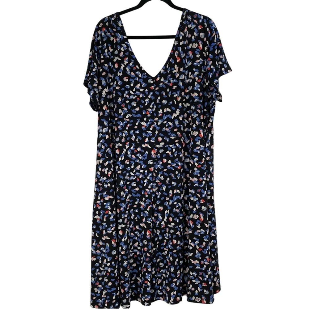 Roamans Blue Printed V Neck Short Sleeve Mini Dress 22/24 Fit & Flare Stretch